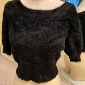 Softest Fuzzy Black Sweater Top Lucy Paris Med Puff Short Sleeve Round Neck NEW